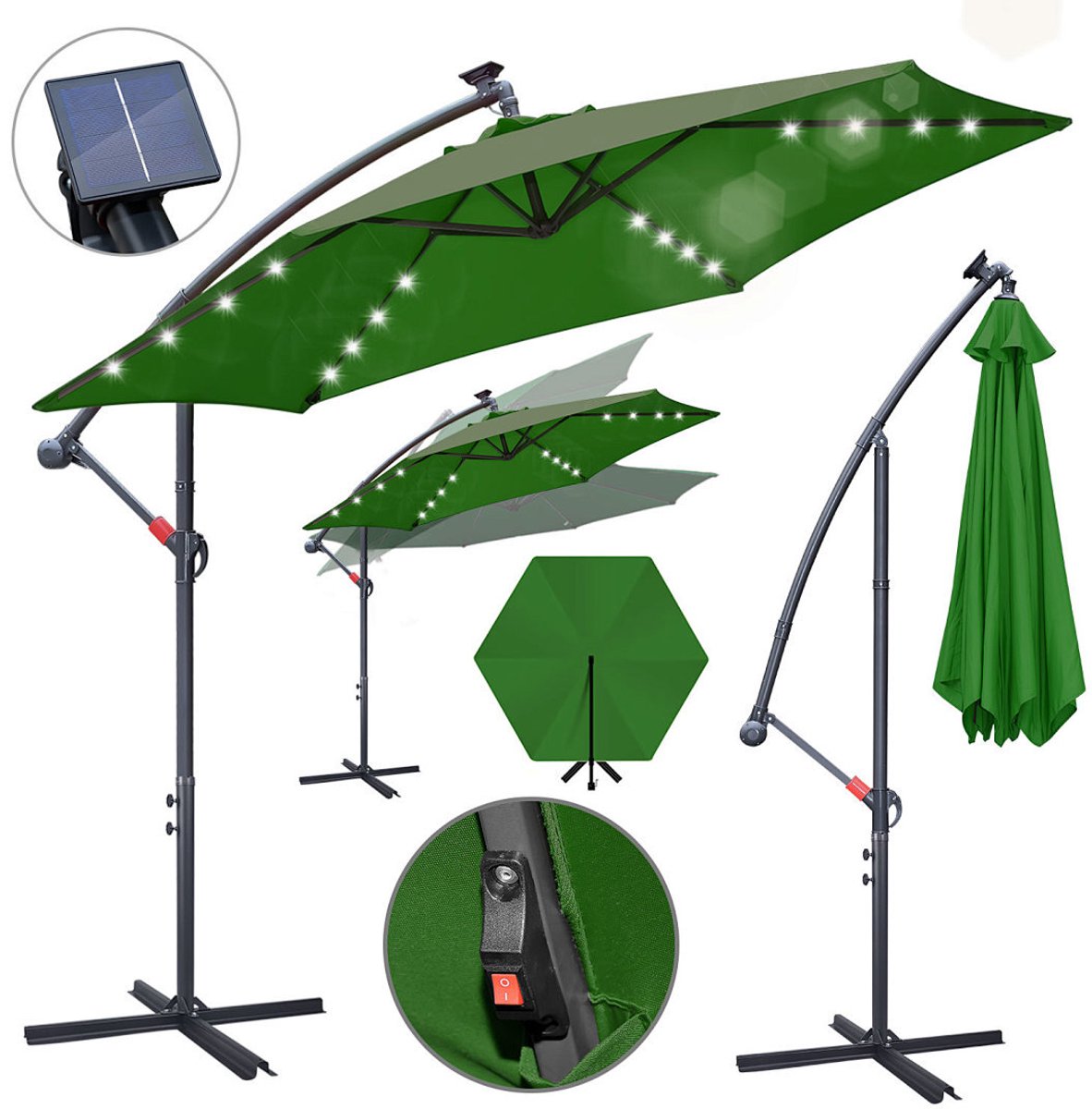 Zweefparasol - Ø300 cm - Solar LED 24 - Incl. Kruisvoet 100x100 cm - UV 50+ (UPF) - Kantelbaar in meerdere standen - Waterdicht Polyester - Ventilatie - Handzwengel Groen (9360170876012)