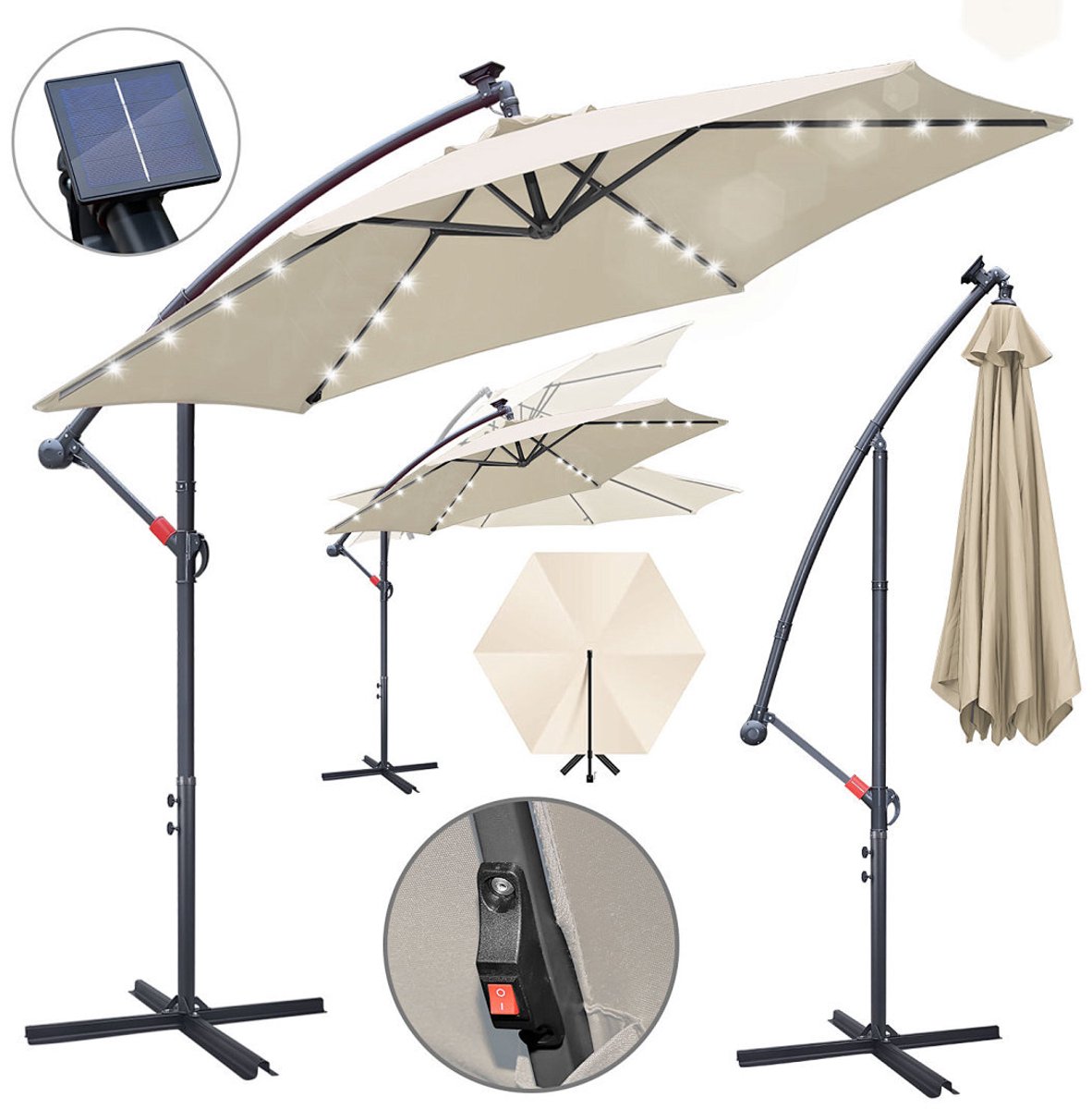 Zweefparasol - Ø300 cm - Solar LED 24 - Incl. Kruisvoet 100x100 cm - UV 50+ (UPF) - Kantelbaar in meerdere standen - Waterdicht Polyester - Ventilatie - Handzwengel Beige (9360170876036)