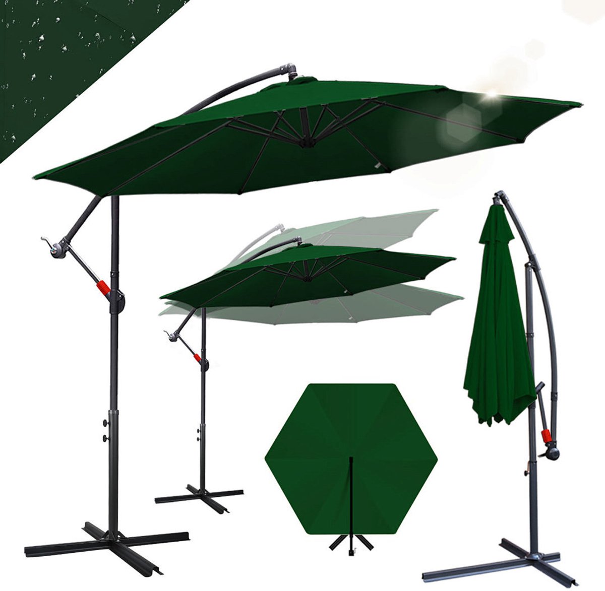 Zweefparasol Ø350 cm - Extra Grote Schaduw - UV50+ (UPF 50+) Polyester - Multi-angle Kantelbaar & Draaibaar - Waterdicht - Ventilatiedak - Stabiel IJzeren Frame met 8 Ribben - Incl. Kruisvoet 100×100 cm Groen (9360170875978)