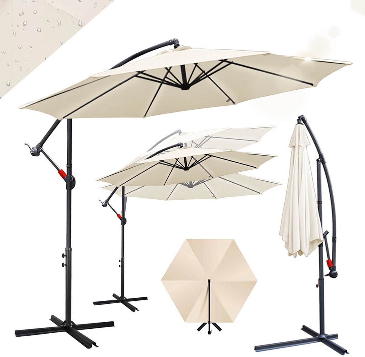 Zweefparasol Ø350 cm - Extra Grote Schaduw - UV50+ (UPF 50+) Polyester - Multi-angle Kantelbaar & Draaibaar - Waterdicht - Ventilatiedak - Stabiel IJzeren Frame met 8 Ribben - Incl. Kruisvoet 100×100 cm Beige (9360170875992)