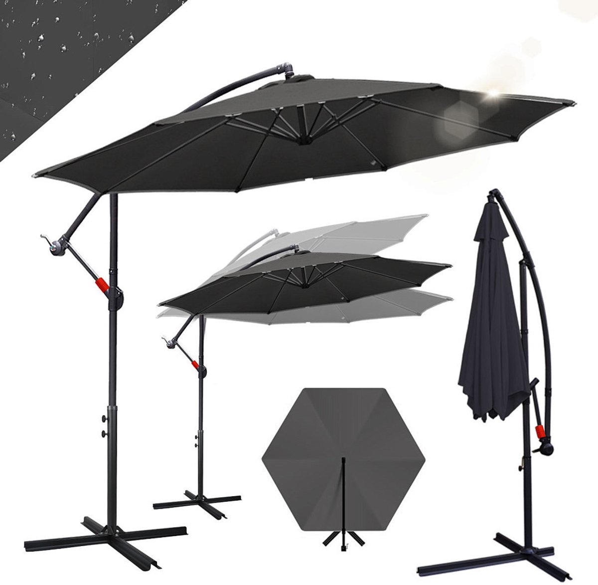 Zweefparasol Ø350 cm - Extra Grote Schaduw - UV50+ (UPF 50+) Polyester - Multi-angle Kantelbaar & Draaibaar - Waterdicht - Ventilatiedak - Stabiel IJzeren Frame met 8 Ribben - Incl. Kruisvoet 100×100 cm Grijs (9360170875961)