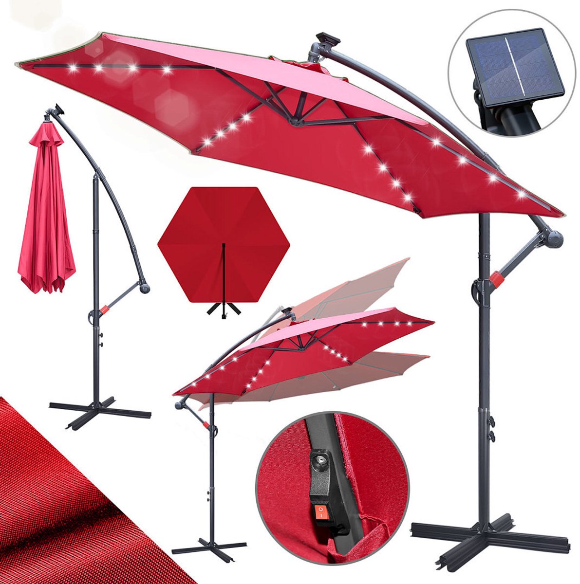Zweefparasol - Ø350 cm - Solar LED 32 - Incl. Kruisvoet 100x100 cm - UV 50+ (UPF) - Kantelbaar in meerdere standen - Waterdicht Polyester - Ventilatie - Handzwengel - Extra grote schaduw Rood (9360170876067)