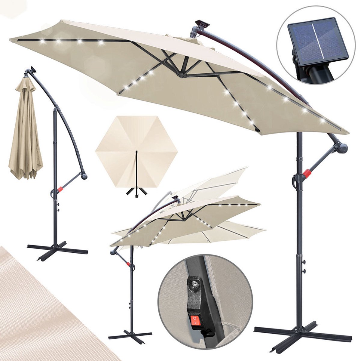 Zweefparasol - Ø350 cm - Solar LED 32 - Incl. Kruisvoet 100x100 cm - UV 50+ (UPF) - Kantelbaar in meerdere standen - Waterdicht Polyester - Ventilatie - Handzwengel - Extra grote schaduw Beige (9360170876074)