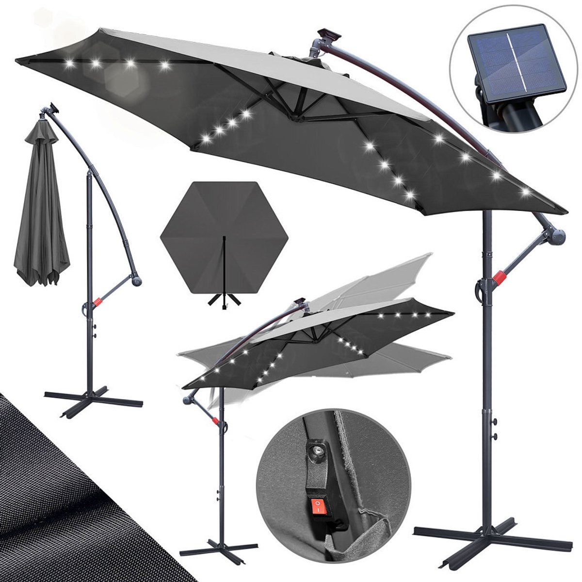 Zweefparasol - Ø350 cm - Solar LED 32 - Incl. Kruisvoet 100x100 cm - UV 50+ (UPF) - Kantelbaar in meerdere standen - Waterdicht Polyester - Ventilatie - Handzwengel - Extra grote schaduw Grijs (9360170876043)