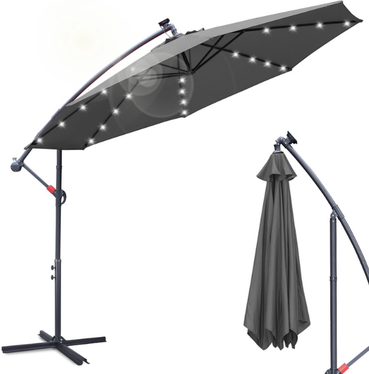 Zweefparasol - Strandparasols - Balkonparasols - Solar LED parasol Waterdicht - Parasol - Parasols - Ø 350cm - 3.5m - Tuinparasol - Zonne-energie - Grijs- Draai- en Kantelbaar - 360° draaibaar - Duurzame Zweefparasol - Met voet (6152521623634)