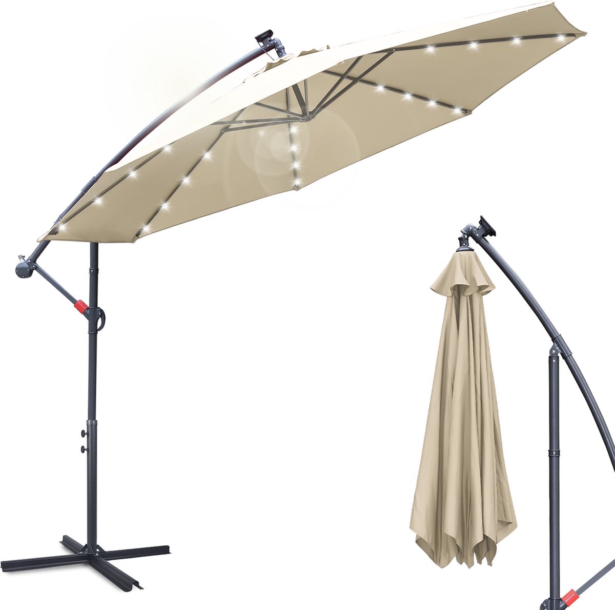 Zweefparasol - Strandparasols - Balkonparasols - Solar LED parasol Waterdicht - Parasol - Parasols - Ø 350cm - 3.5m - Tuinparasol - Zonne-energie - beige- Draai- en Kantelbaar - 360° draaibaar - Duurzame Zweefparasol - Met voet (9784297942304)