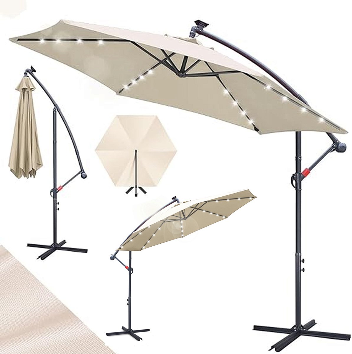 Zweefparasol met Solar LED - Ø 300 cm - Incl. Kruisvoet + Windkoord - UV50+ UPF 50+ - Kantelbaar meerdere hoeken voor optimale schaduw - Waterdicht doek met ventilatiedak - Compact opbergen met handzwengel Beige (9360170876357)