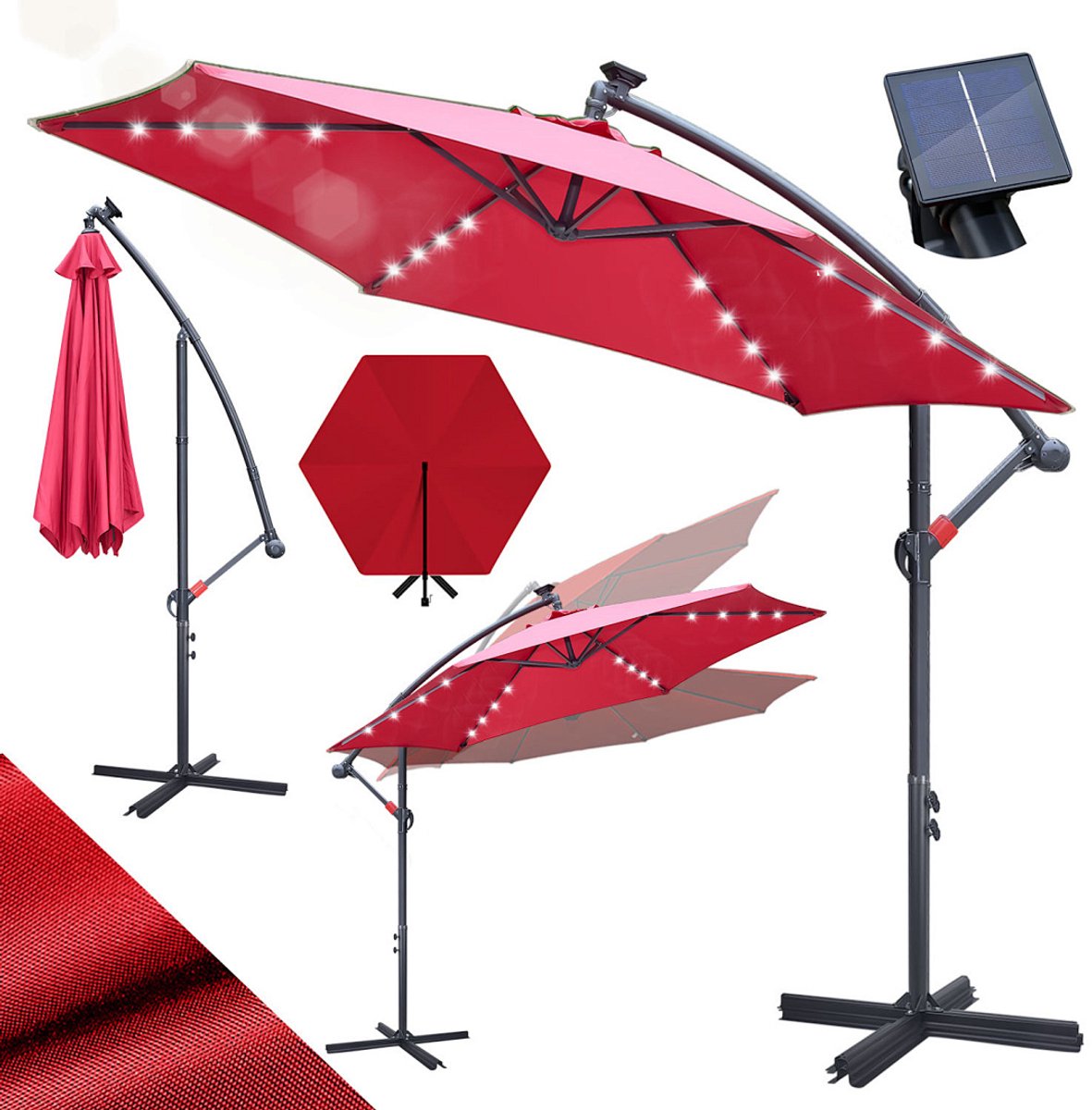 Zweefparasol met Solar LED - Ø 300 cm - Incl. Kruisvoet + Windkoord - UV50+ UPF 50+ - Kantelbaar meerdere hoeken voor optimale schaduw - Waterdicht doek met ventilatiedak - Compact opbergen met handzwengel Rood (9360170876340)