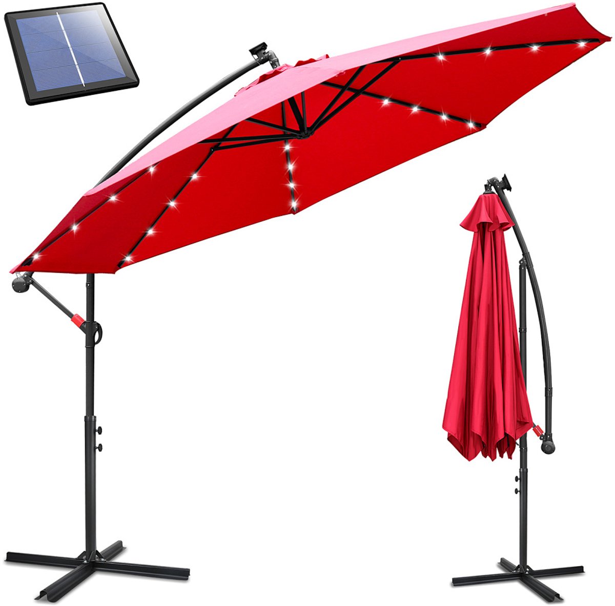 Zweefparasol met Solar LED - Ø 350 cm - Grote tuinparasol voor terras balkon horeca - UV50+ UPF 50+ - Kantelbaar meerdere hoeken - Waterdicht polyester met ventilatiedak - Stabiele metalen delen - Incl. Kruisvoet Rood (9360170876388)