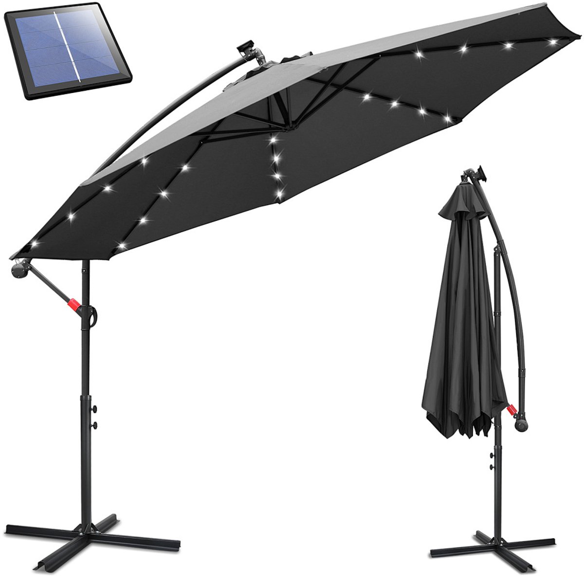 Zweefparasol met Solar LED - Ø 350 cm - Grote tuinparasol voor terras balkon horeca - UV50+ UPF 50+ - Kantelbaar meerdere hoeken - Waterdicht polyester met ventilatiedak - Stabiele metalen delen - Incl. Kruisvoet Grijs (9360170876364)