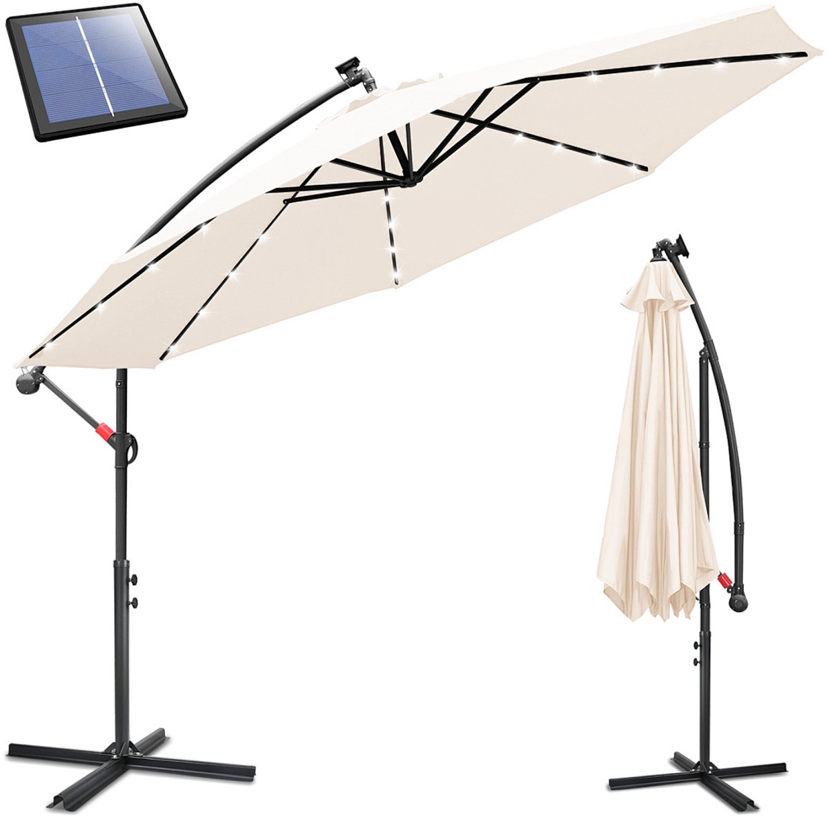 Zweefparasol met Solar LED - Ø 350 cm - Grote tuinparasol voor terras balkon horeca - UV50+ UPF 50+ - Kantelbaar meerdere hoeken - Waterdicht polyester met ventilatiedak - Stabiele metalen delen - Incl. Kruisvoet Beige (9360170876395)