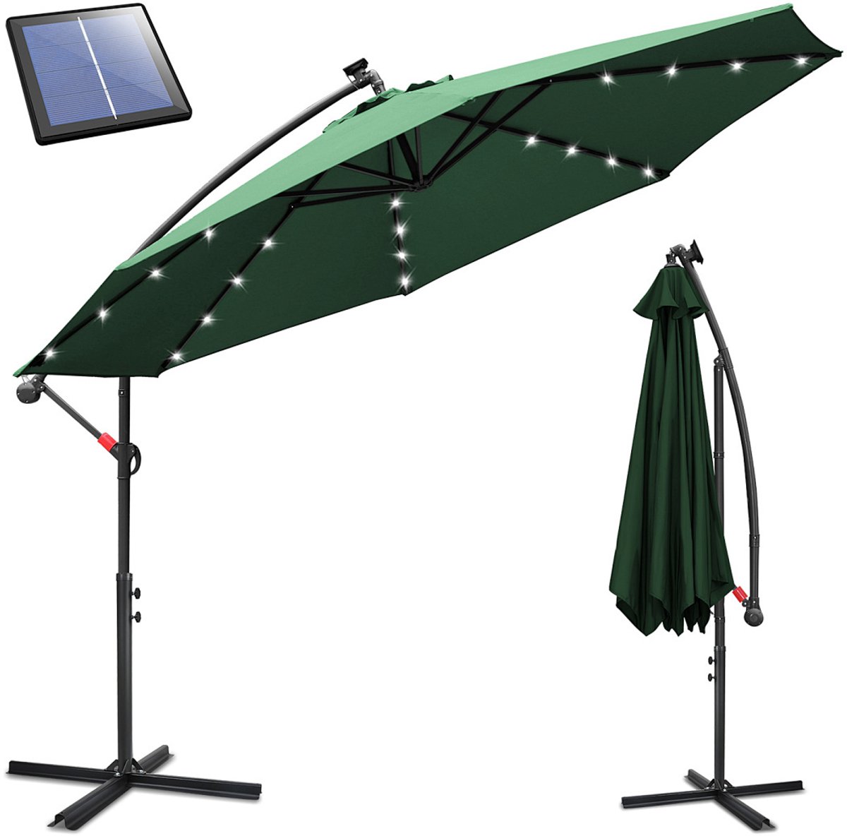 Zweefparasol met Solar LED - Ø 350 cm - Grote tuinparasol voor terras balkon horeca - UV50+ UPF 50+ - Kantelbaar meerdere hoeken - Waterdicht polyester met ventilatiedak - Stabiele metalen delen - Incl. Kruisvoet Groen (9360170876371)