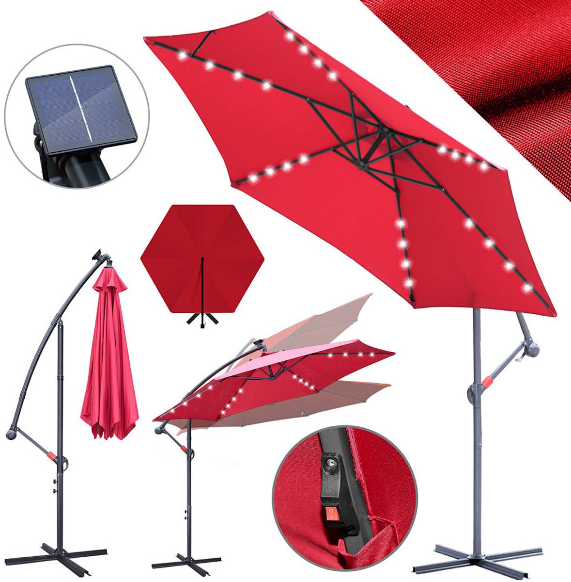 Zweefparasols - 300CM - Solar LED Verlichting 24x Wit - UV 50+ bescherming (98% UV blok) - Multi-angle Kantelbaar & Draaibaar - Stabiel IJzeren Frame 6 Ribben - Incl. Kruisvoet - Waterafstotend Rood (9360170876180)