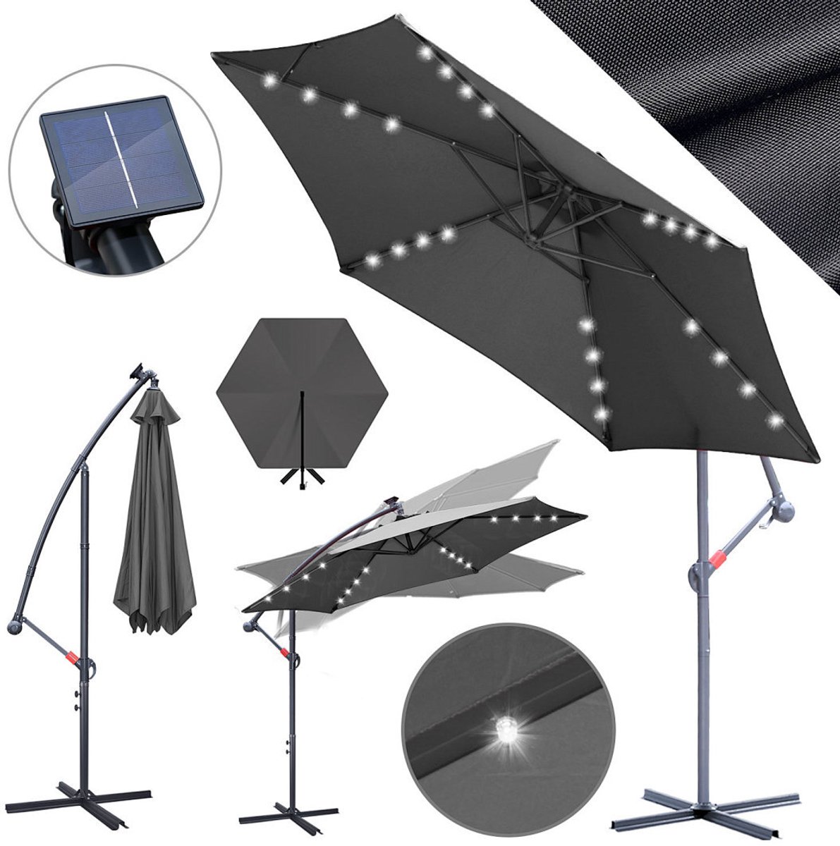 Zweefparasols - 300CM - Solar LED Verlichting 24x Wit - UV 50+ bescherming (98% UV blok) - Multi-angle Kantelbaar & Draaibaar - Stabiel IJzeren Frame 6 Ribben - Incl. Kruisvoet - Waterafstotend Grijs (9360170876166)