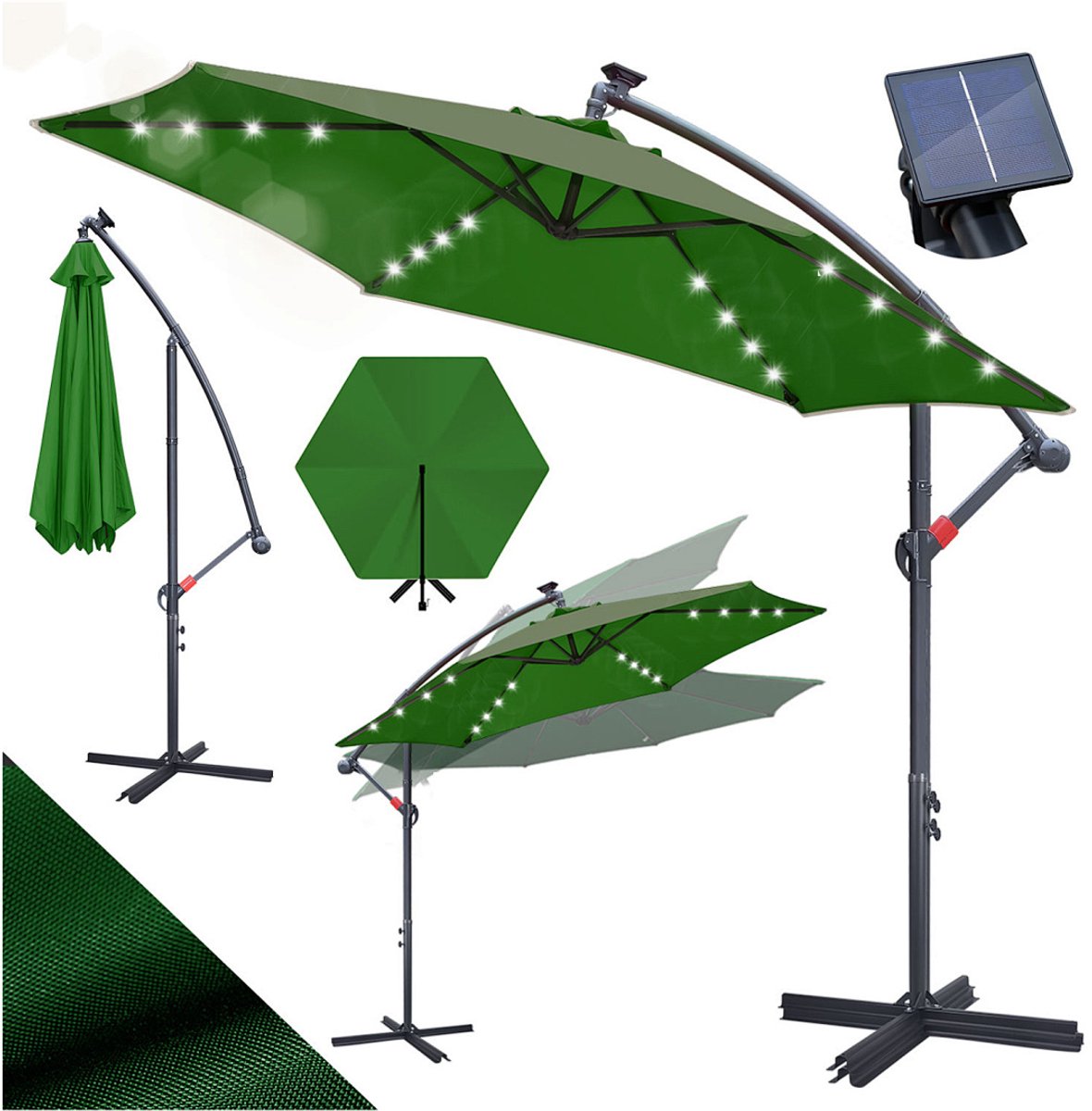 Zweefparasols - 350CM - Solar LED Verlichting 32x Wit - UV 50+ bescherming (blokkeert 98% UV) - Multi-angle Kantelbaar & Draaibaar - Windbestendig frame 8 Ribben - Incl. Kruisvoet - Waterafstotend doek Groen (9360170876210)