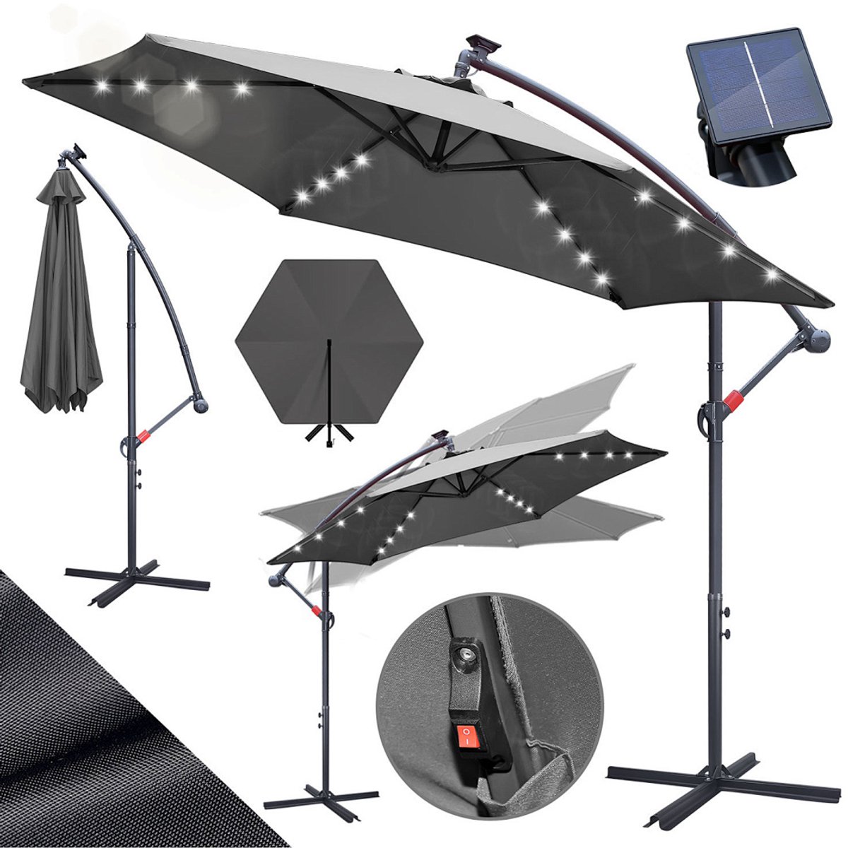 Zweefparasols - 350CM - Solar LED Verlichting 32x Wit - UV 50+ bescherming (blokkeert 98% UV) - Multi-angle Kantelbaar & Draaibaar - Windbestendig frame 8 Ribben - Incl. Kruisvoet - Waterafstotend doek Grijs (9360170876203)