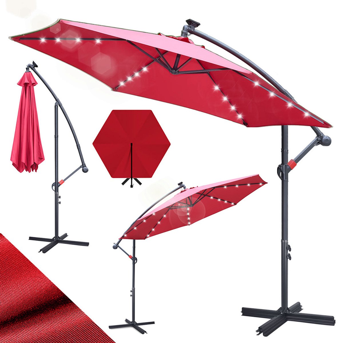 Zweefparasols - 350CM - Solar LED Verlichting 32x Wit - UV 50+ bescherming (blokkeert 98% UV) - Multi-angle Kantelbaar & Draaibaar - Windbestendig frame 8 Ribben - Incl. Kruisvoet - Waterafstotend doek Rood (9360170876227)