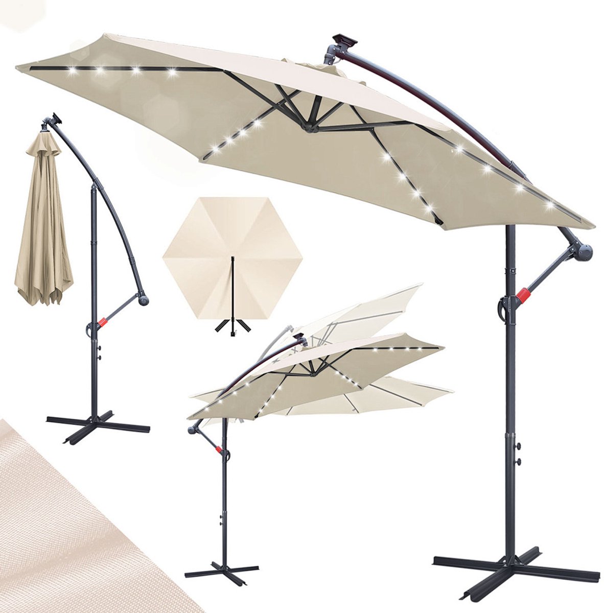 Zweefparasols - 350CM - Solar LED Verlichting 32x Wit - UV 50+ bescherming (blokkeert 98% UV) - Multi-angle Kantelbaar & Draaibaar - Windbestendig frame 8 Ribben - Incl. Kruisvoet - Waterafstotend doek Beige (9360170876234)