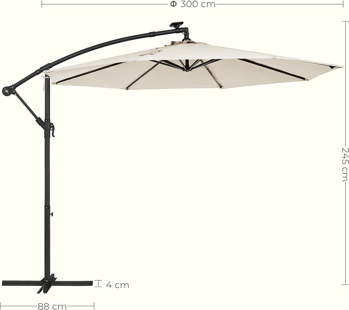 parasol met LED-zonneverlichting - zweefparasol met standaard - 32 LED-lampjes - Ø 300 cm - UV-bescherming tot UPF 50+ - beige (8720849722476)