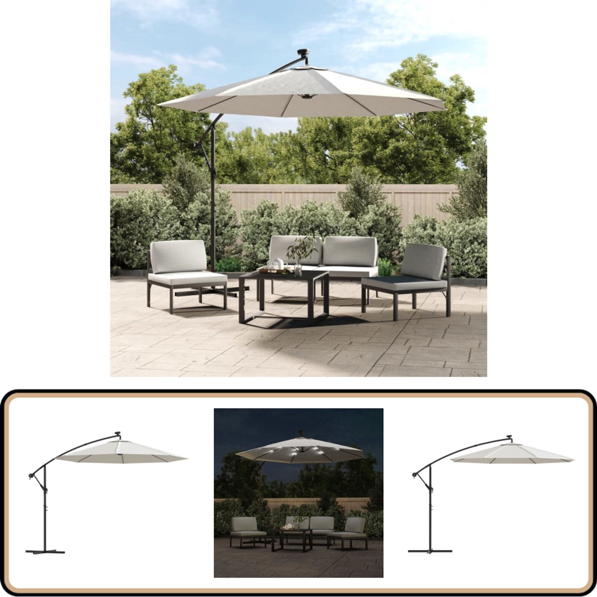 vidaXL Zweefparasol LED 300cm Zandkleurig Hangende Parasol - Tuingaren - Parasol Led - Zonnescherm - Buitenaanrecht (8287568931959)