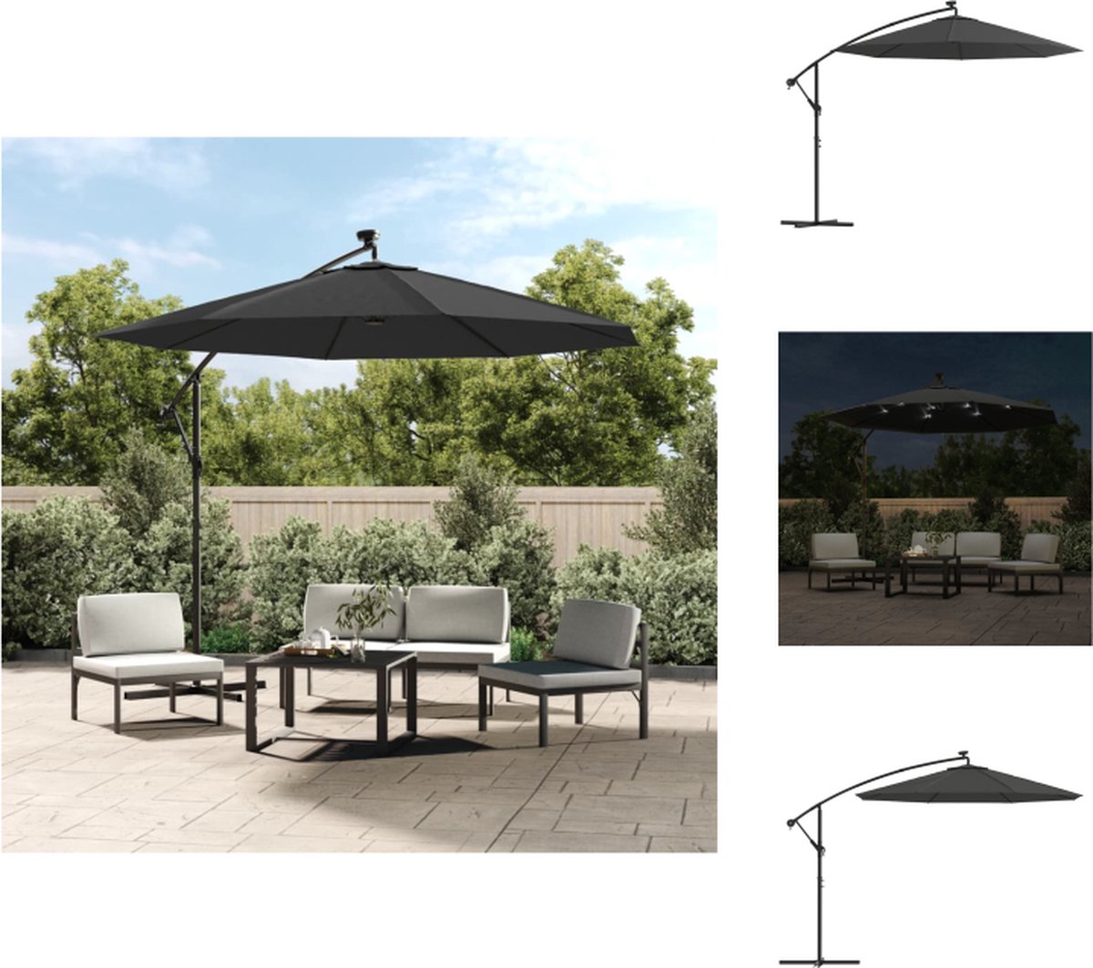 vidaXL Zweefparasol - Zweefparasols - Tuinparasol - Balkon Parasol - Zweefparasol met LED-verlichting stalen paal 300 cm antraciet (8721032991303)