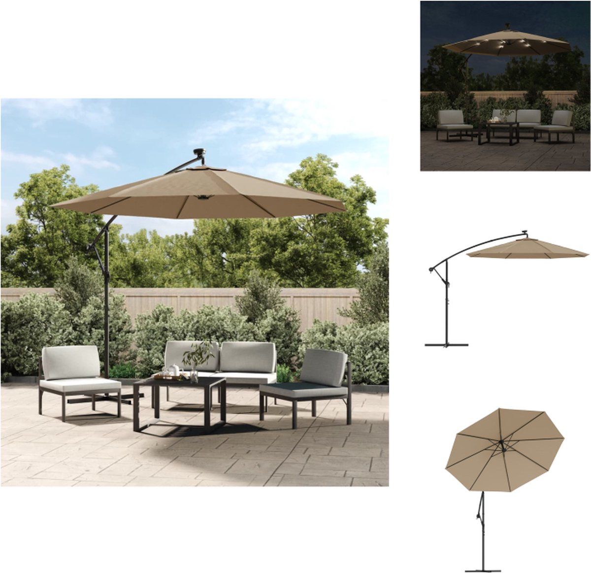 vidaXL Zweefparasol - Zweefparasols - Tuinparasol - Balkon Parasol - Zweefparasol met LED-verlichting stalen paal 300 cm taupe (8721032998852)
