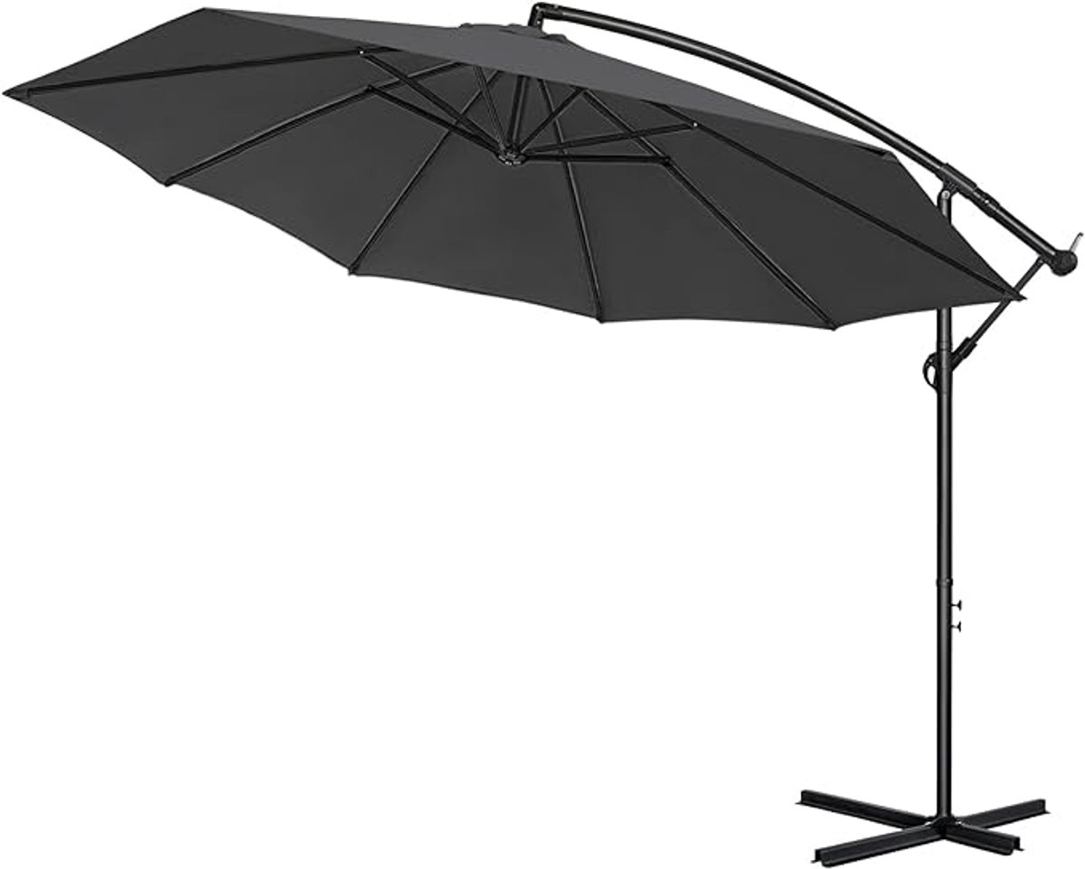 300 cm Aluminium Parasol Met Kruk - UV-Bescherming - Tuinparasol - 360° Draaibaar - Marktpolsol - Waterafstotend - Zweefparasol Met Voet - Windbescherming - Krukparasol Voor Tuin, Terras, Strand (Donkergrijs) NAIZY (0751203698609)