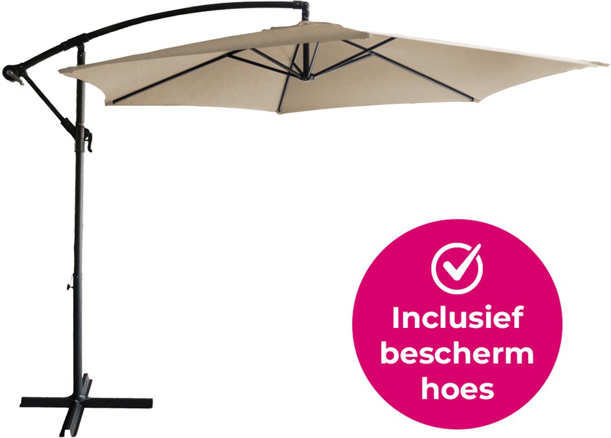 BluMill Zweefparasol Met Voet en Beschermhoes - Ø 300 cm - Waterdicht - Kantelbaar - Verstelbare Hoogte - Taupe - Beige (8720663024831)