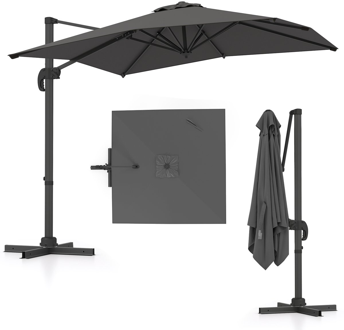 COSTWAY Parasol, rechthoekig, 250 x 250 cm, grote zweefparasol met zwengel, kantelbaar, 360 graden draaibaar, terrasparasol, marktscherm voor tuin, terras, balkon, grijs (0015706504240)