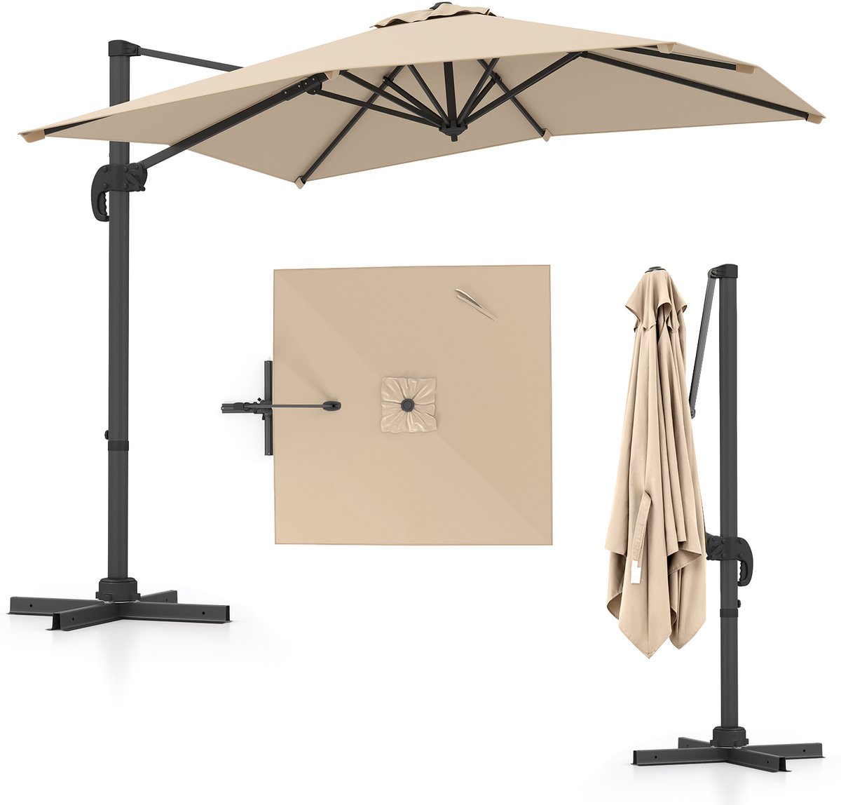 COSTWAY Parasol, rechthoekig, 250 x 250 cm, grote zweefparasol met zwengel, kantelbaar, 360 graden draaibaar, terrasparasol, marktscherm voor tuin, terras, balkon, beige (0015706504257)