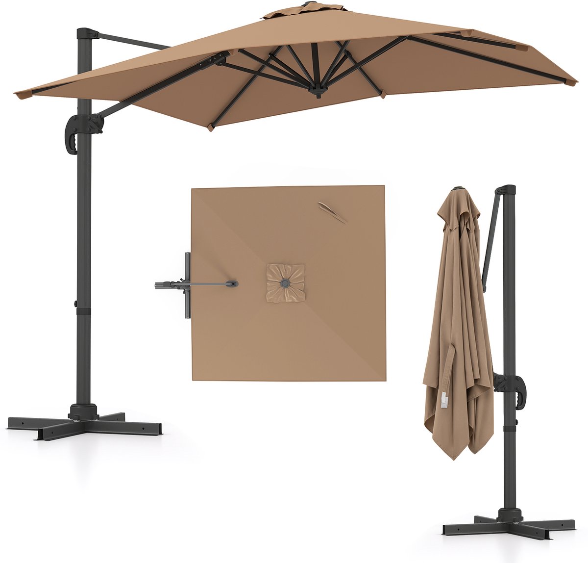 COSTWAY Parasol, rechthoekig, 250 x 250 cm, grote zweefparasol met zwengel, kantelbaar, 360 graden draaibaar, terrasparasol, marktscherm voor tuin, terras, balkon, bruin (0015706504233)
