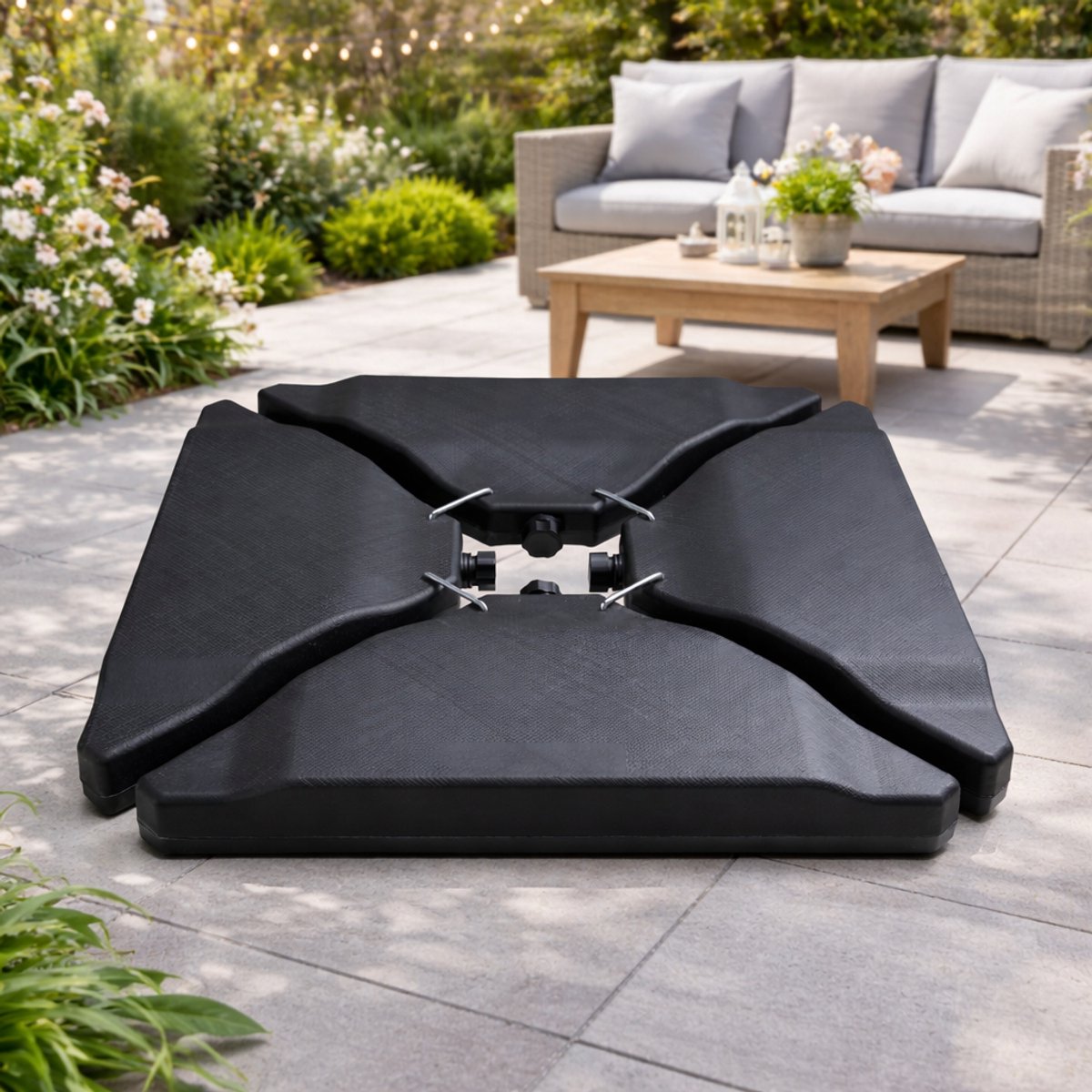 Fameilleur Parasoltegels voor Zweefparasol 4 Stuks 77x77x9 cm - Zware Parasolvoet 60 kg -Parasol Verzwaring Set Water of Zand - Parasol Standaard voor Kruisvoet -Zweefparasol Voet Zwart -Parasol Gewicht Tegels-Tuin Terras Balkon Horeca Parasol voet - (8721302493698)