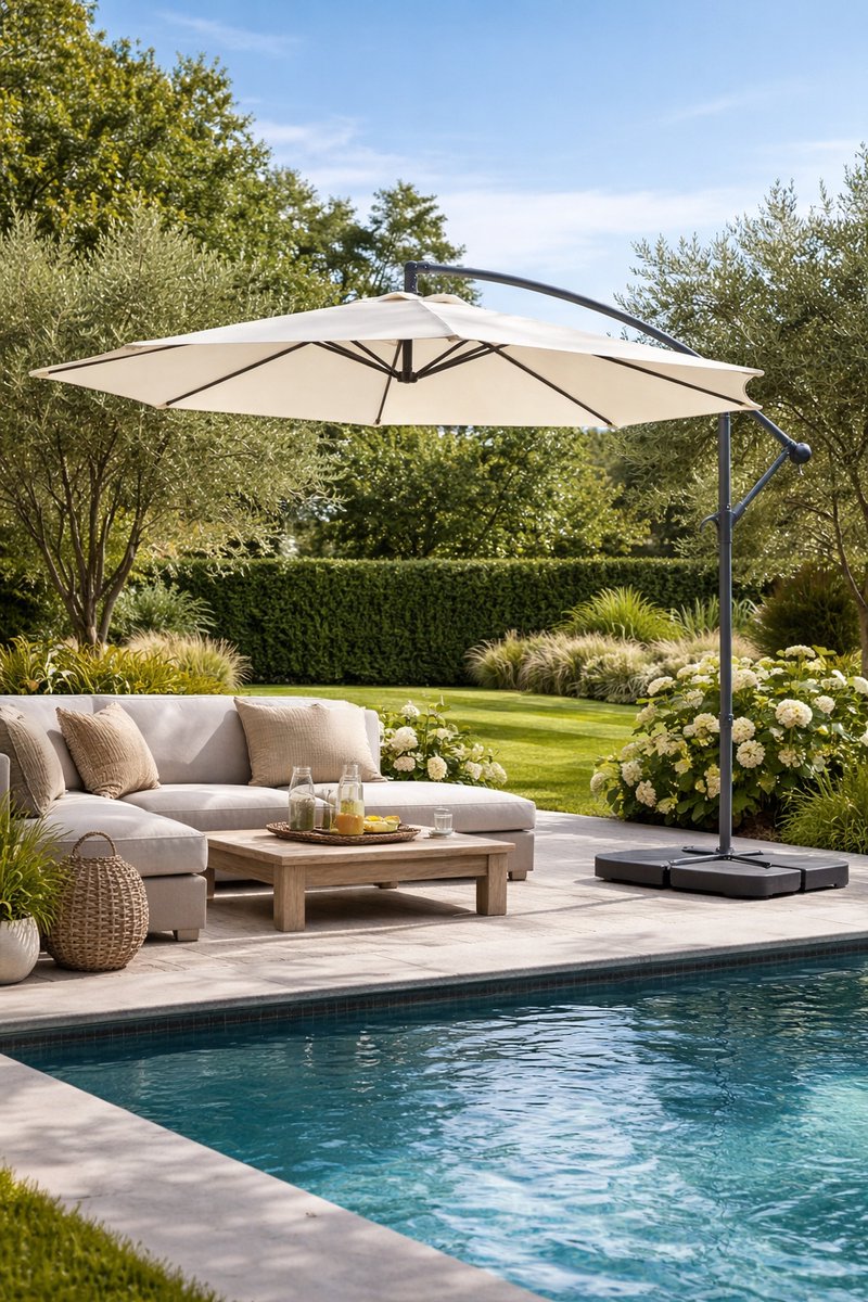 Fameilleur Zweefparasol crème-Extra Groot -exclusief Parasolvoet Tegels - 360° Draaibaar - Waterbestendig & UV-beschermend - zweef parasol-Ideaal voor Tuin, Terras of Camping-Stabiele Tuinparaplu met Extra Grote Schaduwplek-tuin parasol- tuinparasol (8721302491106)