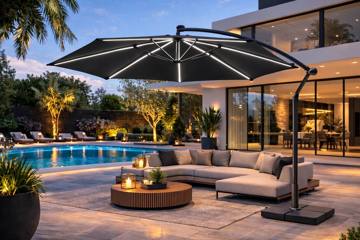 Fameilleur Zweefparasol zwart-Extra Groot - Inclusief Parasolvoet Tegels - 360° Draaibaar - Waterbestendig & UV-beschermend - zweef parasol-Ideaal voor Tuin, Terras of Camping-Stabiele Tuinparaplu met Extra Grote Schaduwplek-tuin parasol- tuinparasol (8721302490925)