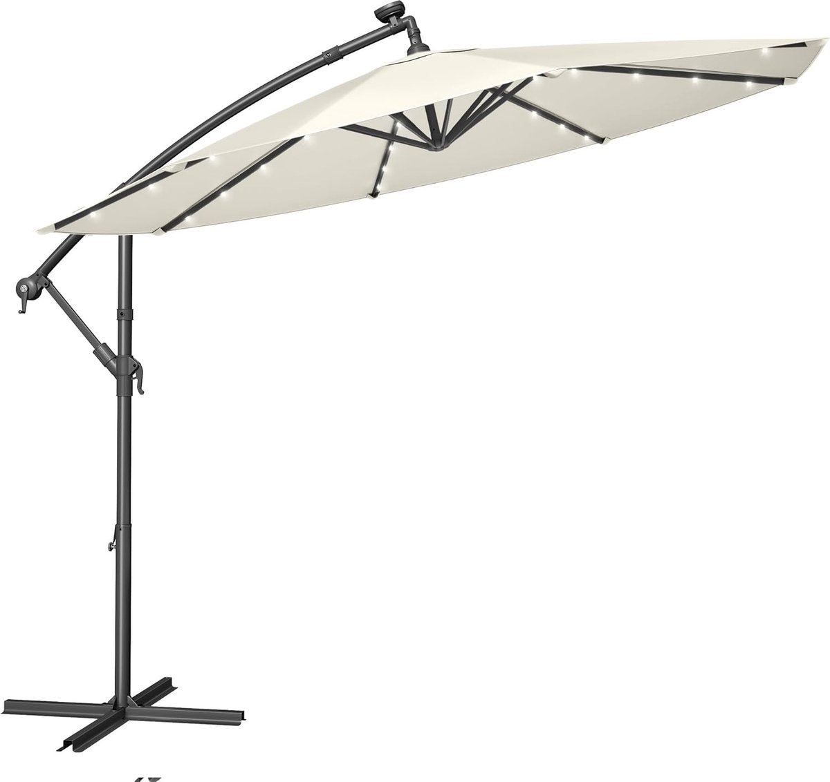 FurnStar - Parasol met LED-verlichting op zonne-energie - Zweefparasol - 300 cm - 32 LED-lampen - Met standaard - Zonwering UPF 50+ - Met zwengel - Beige (8683420413470)