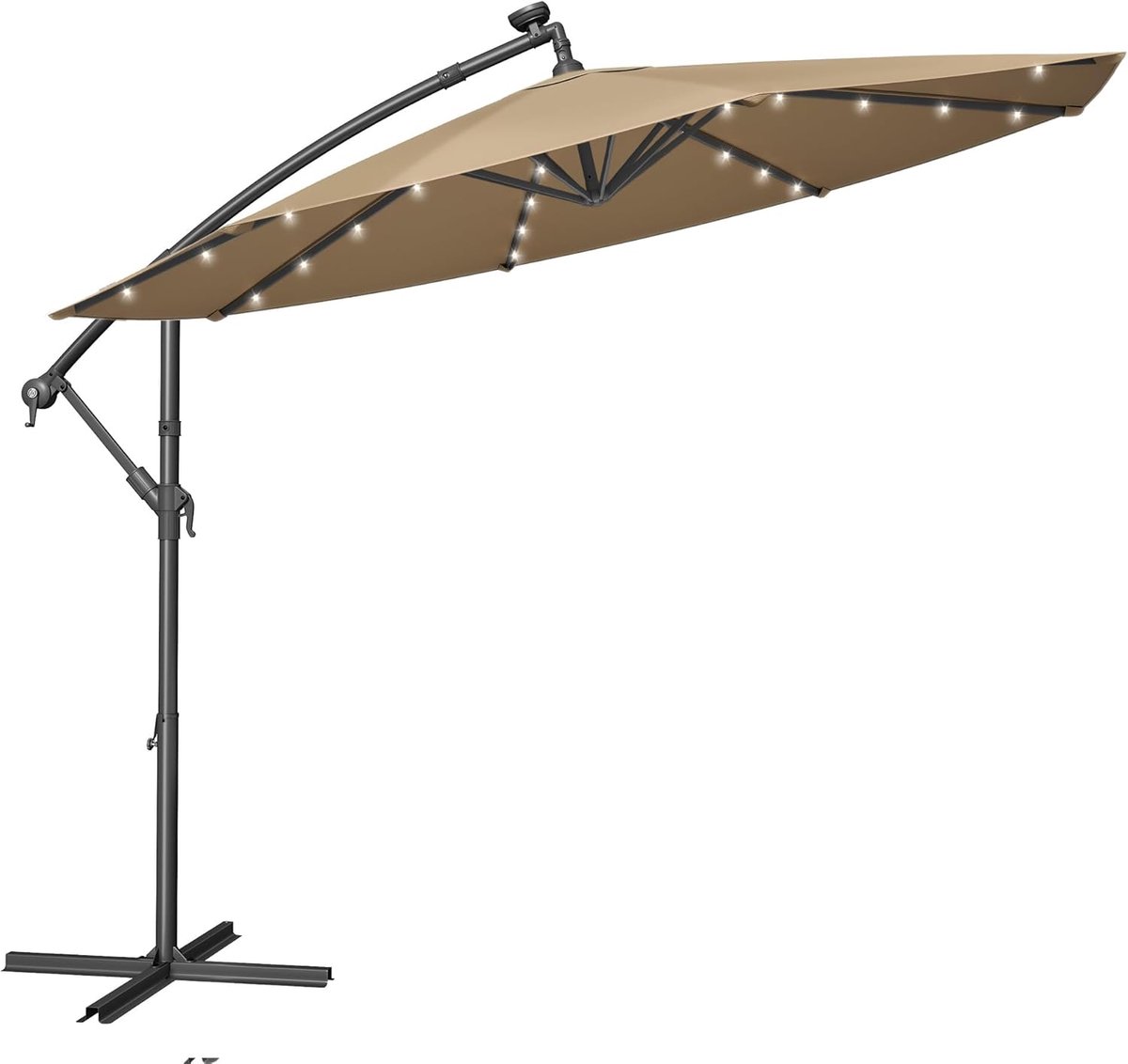 FurnStar - Parasol met LED-verlichting op zonne-energie - Zweefparasol - 300 cm - 32 LED-lampen - Met standaard - Zonwering UPF 50+ - Met zwengel - Taupe (8683420413487)