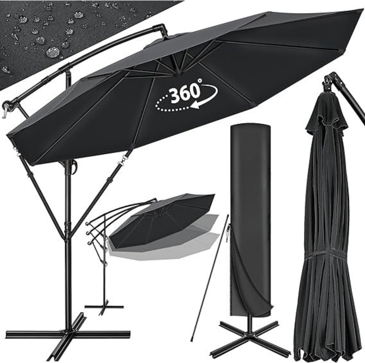 GTB® Zweefparasol met Voet - Zweefparasol - Met Voet - Zwart - 350 x 350 x 255 cm (6152722677634)