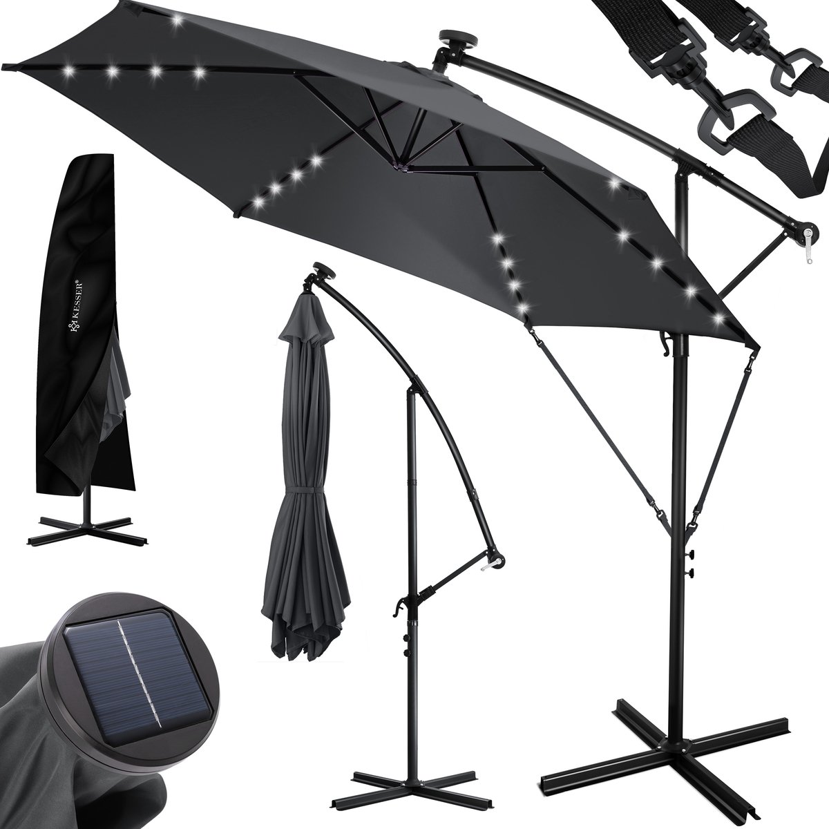 KESSER® Zweefparasol met LED Solar Verlichting en voet 350cm x 350cm - Parasol 360° Draaibaar Incl. Beschermhoes Tuinparasol Zonne-energie - Antraciet Ø 3,5m (4260598874667)