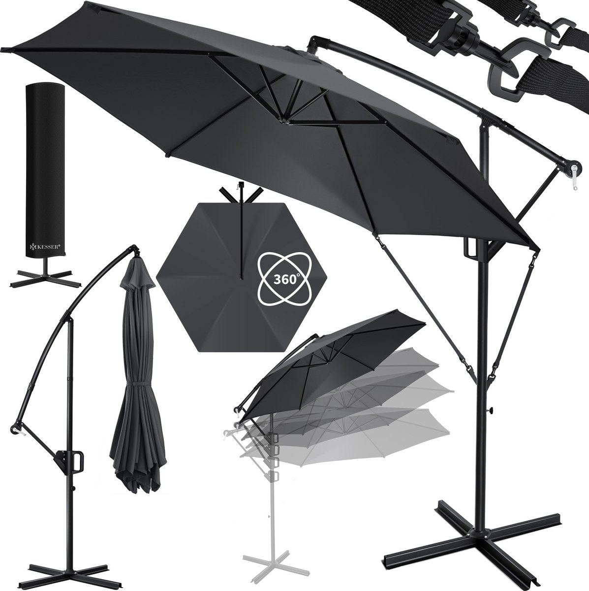 KESSER® Zweefparasol met voet 300cm x 300cm - Parasol 360° Draaibaar Incl. Beschermhoes Tuinparasol - Antraciet Ø 3m (4260486785785)