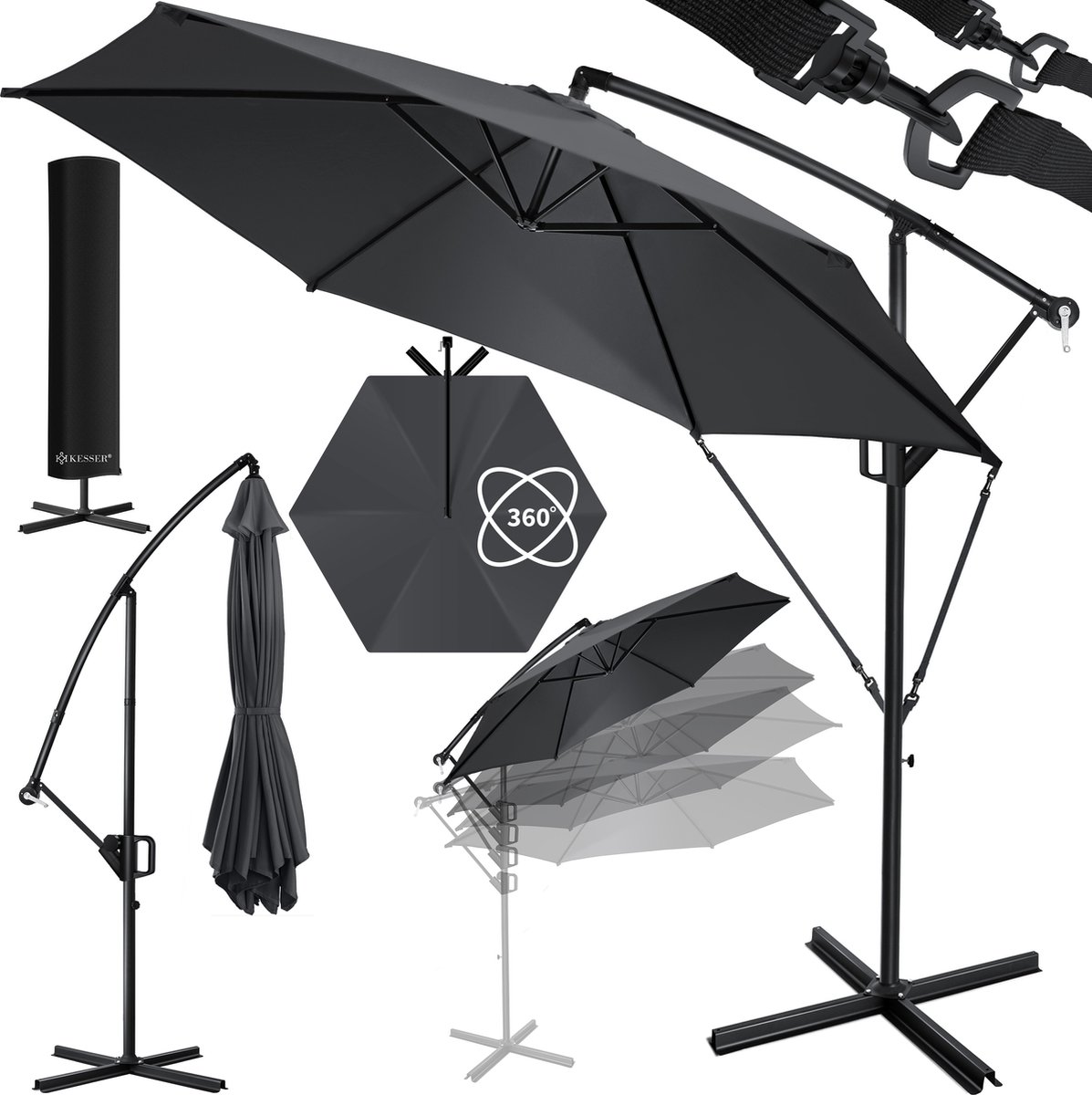 KESSER® Zweefparasol met voet 350cm x 350cm - Parasol 360° Draaibaar Incl. Beschermhoes Tuinparasol - Antraciet Ø 3,5m (4260598874612)