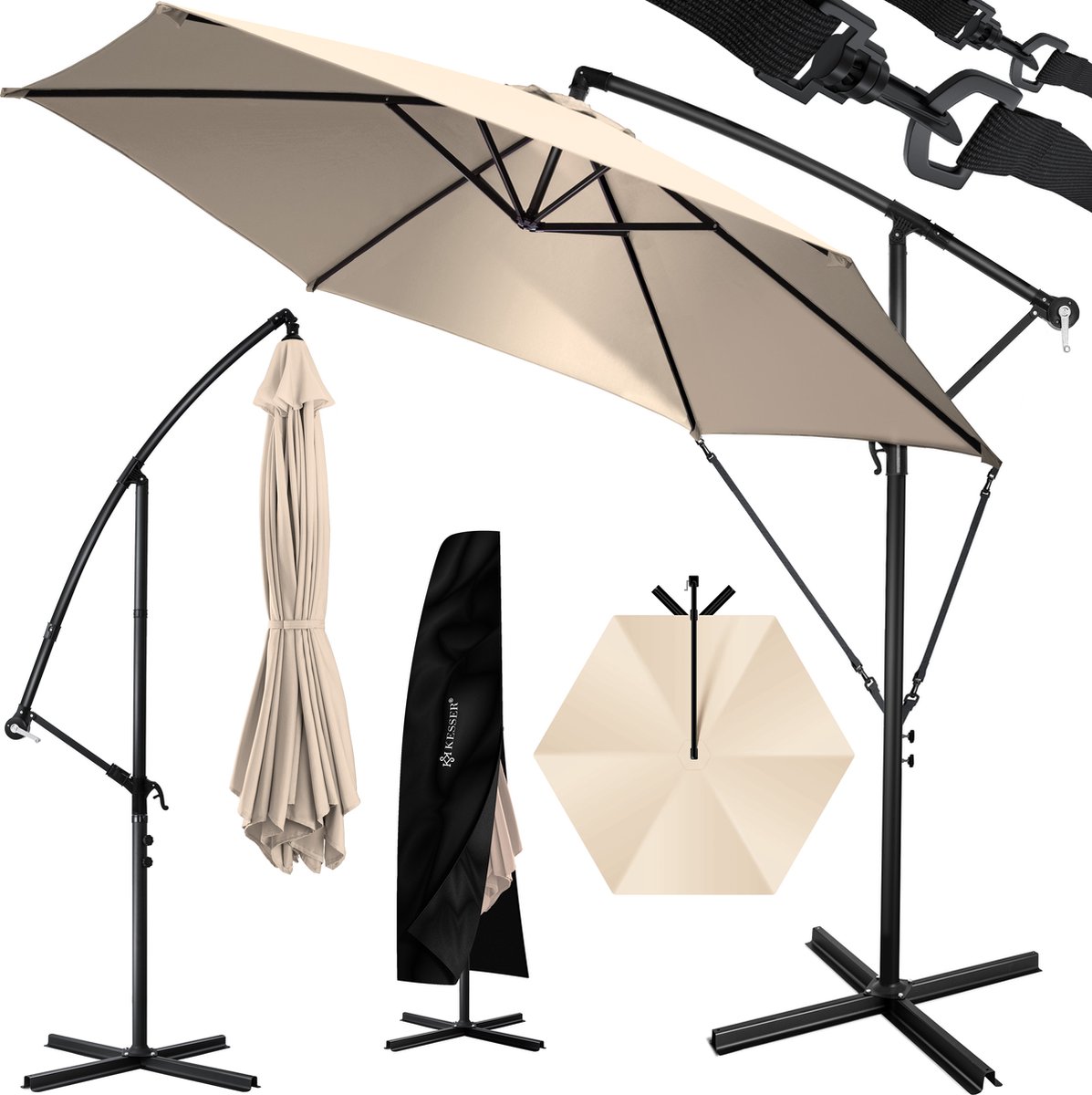 KESSER® Zweefparasol met voet 350cm x 350cm - Parasol 360° Draaibaar Incl. Beschermhoes Tuinparasol - Beige Ø 3,5m (4260598874629)