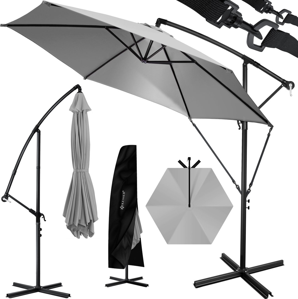 KESSER® Zweefparasol met voet 350cm x 350cm - Parasol 360° Draaibaar Incl. Beschermhoes Tuinparasol - Lichtgrijs Ø 3,5m (4255598305785)
