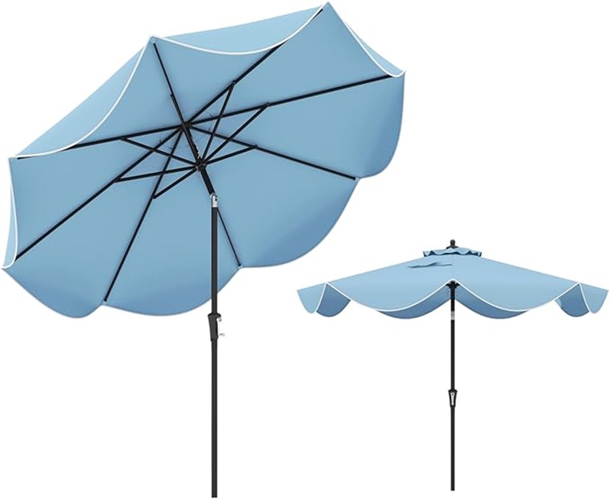 KOMFOTTEU 270 cm parasol - tuinparasol voor buiten - stokparasol - met ruches zoom - kanteling met push-knop, zwengel, 8 stangen - voor tuin, terras, zwembad (0672669338277)