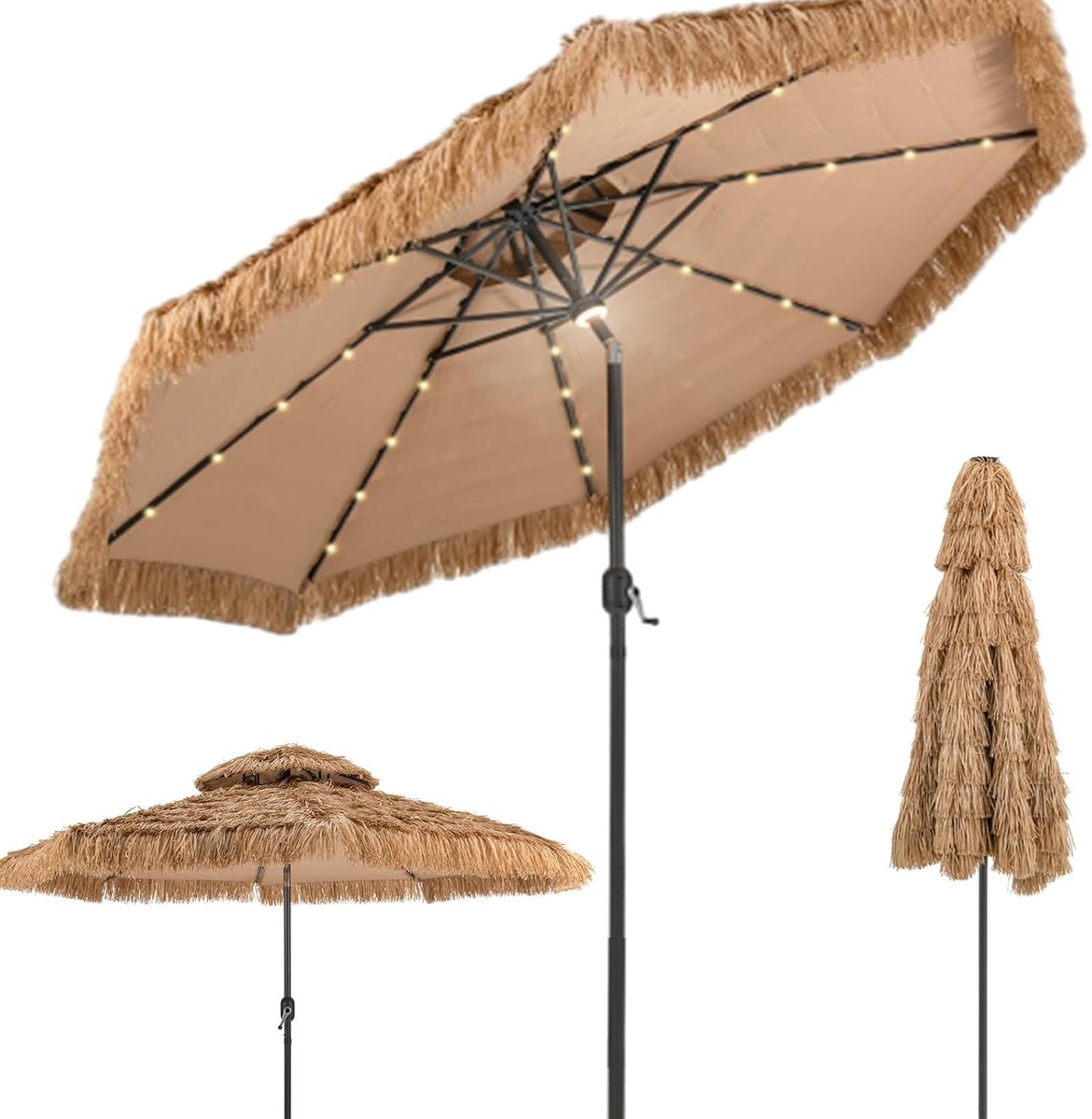 KOMFOTTEU Hawaï- strandparasol met lampjes - 292 cm - stroparasol van PE - stokparasol - kantelbaar - parasol -tuinparasol - voor tuin, balkon (0672669338475)