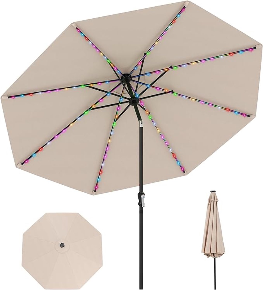 KOMFOTTEU Parasol 288 cm - met 96 ledlampen en 9 modi - stokparasol - aan beide 35° knikbaar - tuinparasol - voor tuin, strand, balkon (0672669338529)