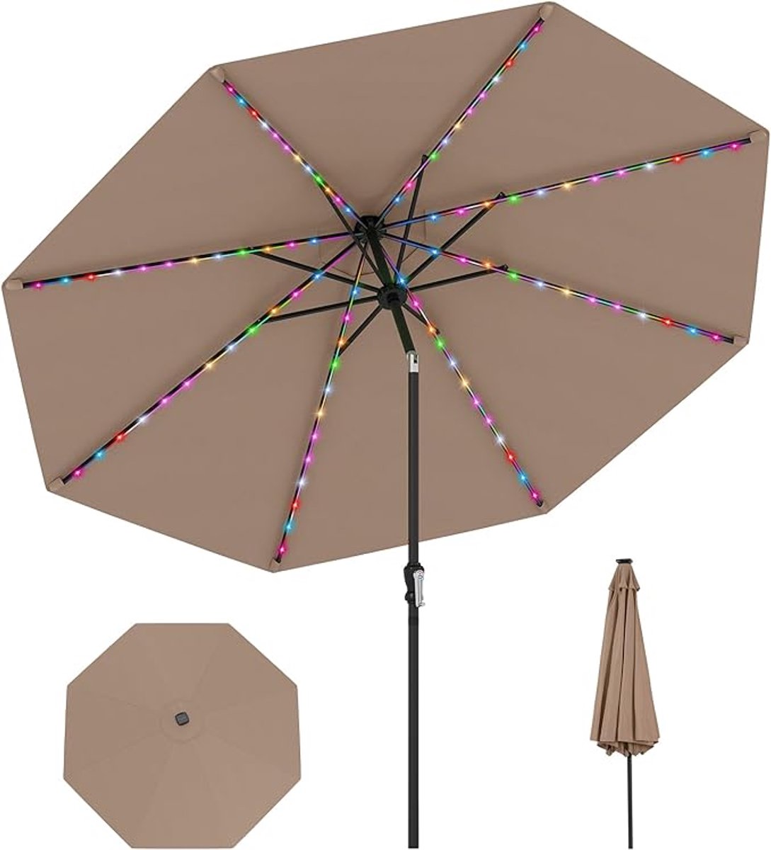 KOMFOTTEU Parasol 288 cm - met 96 ledlampen en 9 modi - stokparasol - aan beide 35° knikbaar - tuinparasol - voor tuin, strand, balkon (0672669338536)