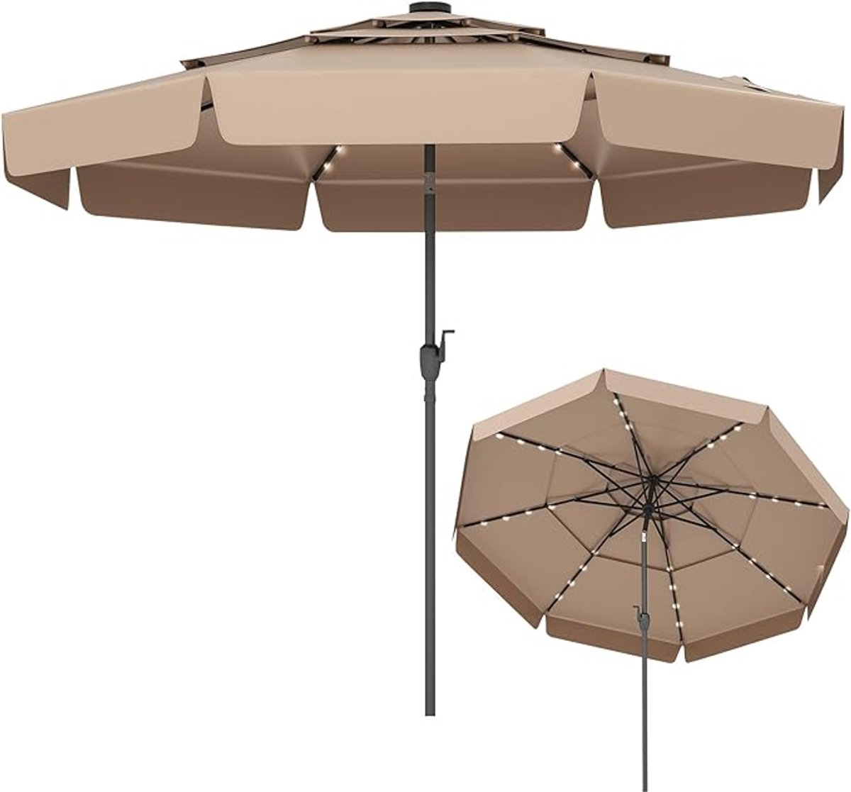 KOMFOTTEU Parasol 300 cm - met 32 ledlampen - met volant - 3-ademend parapludoek - stokparasol - 30° kantelbaar - tuinparasol - voor tuin, strand, balkon (0672669338611)