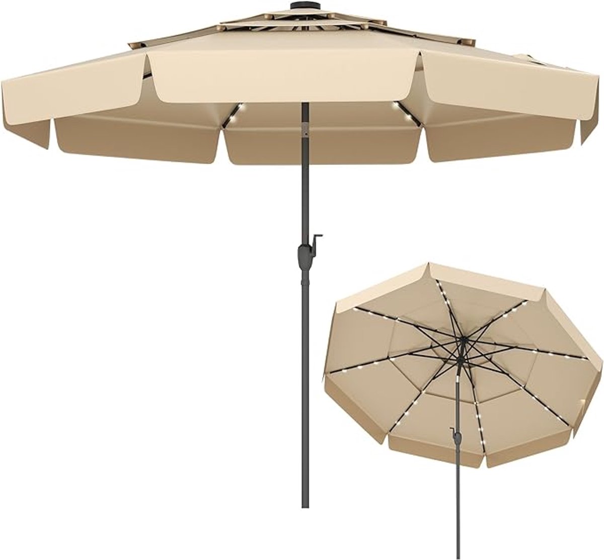 KOMFOTTEU Parasol 300 cm - met 32 ledlampen - met volant - 3-ademend parapludoek - stokparasol - 30° kantelbaar - tuinparasol - voor tuin, strand, balkon (0672669338598)