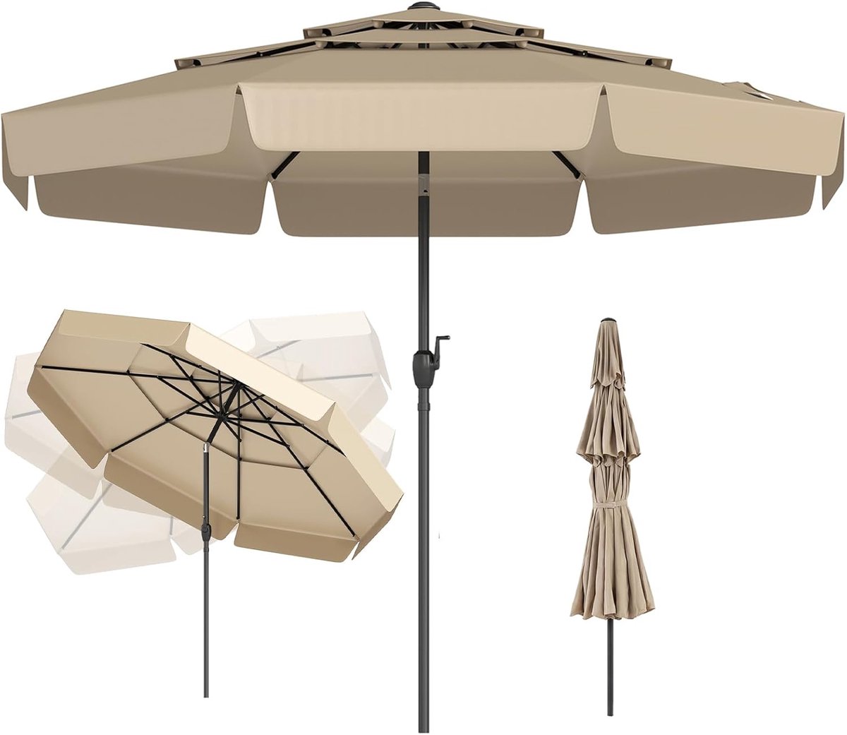 KOMFOTTEU Parasol 300 cm - met Ruches - 3-laags Geventileerd Doek - stokparasol - 45° knikbaar - tuinparasol - voor tuin, strand, balkon (0672669338567)
