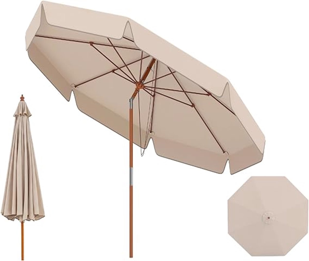 KOMFOTTEU Parasol 300 cm - met volant - Beukenhouten - stokparasol - 30° kantelbaar - tuinparasol - 8 glasvezel baleinen - voor tuin, strand, balkon (0672669338659)